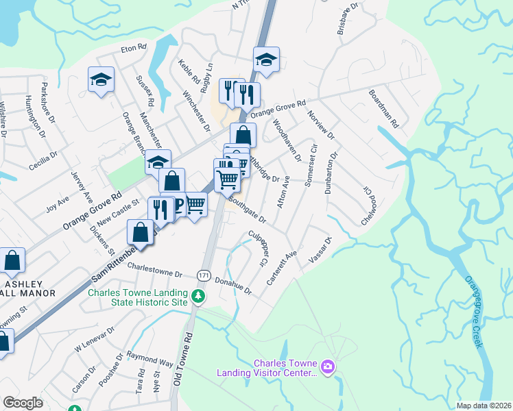 map of restaurants, bars, coffee shops, grocery stores, and more near 1162 Southgate Drive in Charleston