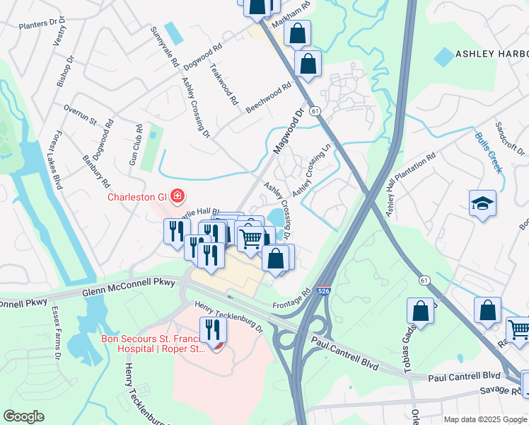 map of restaurants, bars, coffee shops, grocery stores, and more near 2235 Ashley Crossing Drive in Charleston