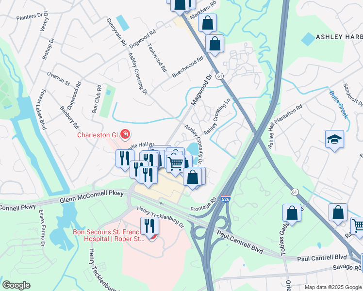 map of restaurants, bars, coffee shops, grocery stores, and more near 2235 Ashley Crossing Drive in Charleston