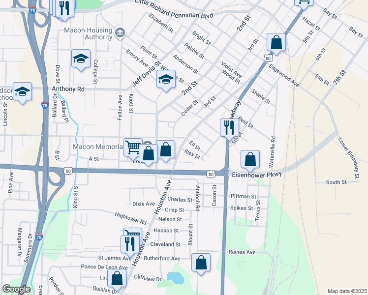 map of restaurants, bars, coffee shops, grocery stores, and more near 2463 Houston Avenue in Macon