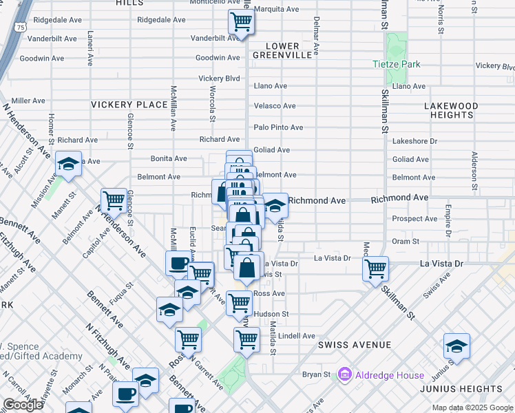 map of restaurants, bars, coffee shops, grocery stores, and more near 5714 Richmond Avenue in Dallas