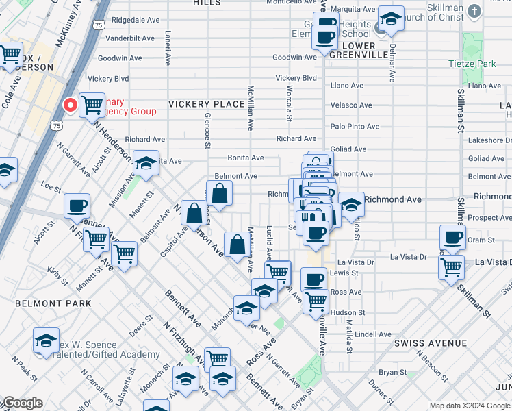 map of restaurants, bars, coffee shops, grocery stores, and more near 2038 Euclid Avenue in Dallas