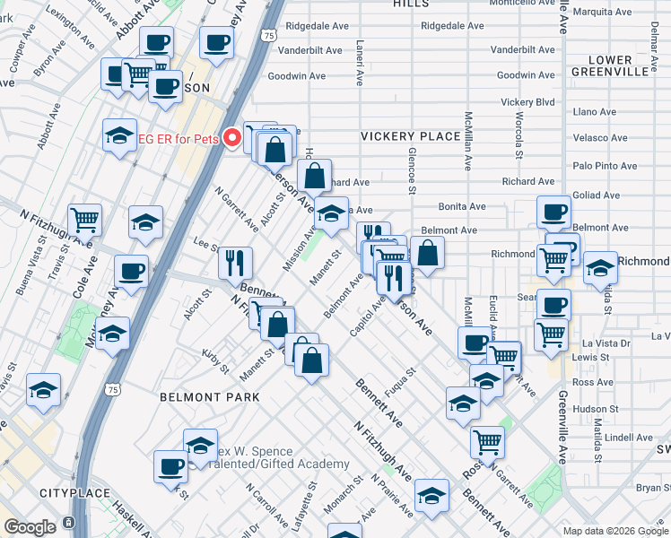 map of restaurants, bars, coffee shops, grocery stores, and more near 2525 North Henderson Avenue in Dallas
