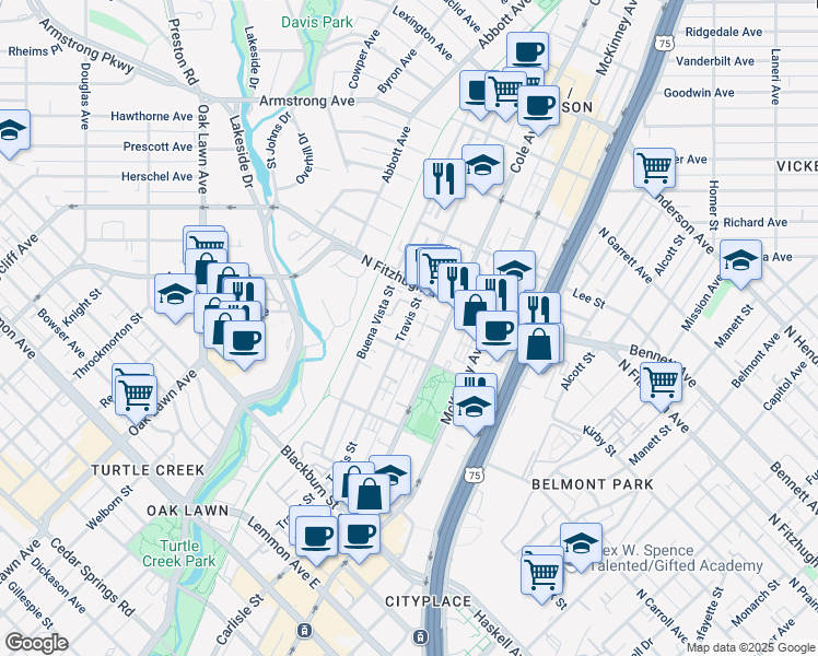 map of restaurants, bars, coffee shops, grocery stores, and more near 4109 Travis Street in Dallas