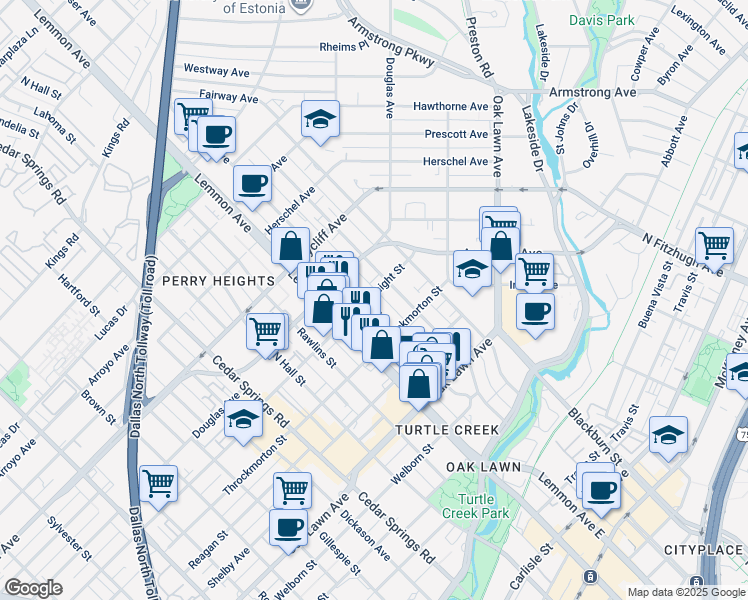 map of restaurants, bars, coffee shops, grocery stores, and more near 4025 Holland Avenue in Dallas
