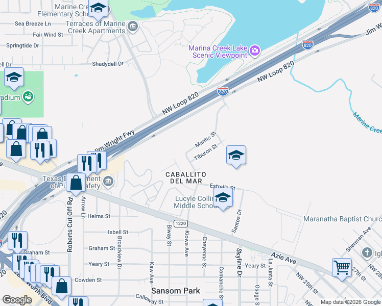 map of restaurants, bars, coffee shops, grocery stores, and more near 3925 Mantis Street in Fort Worth