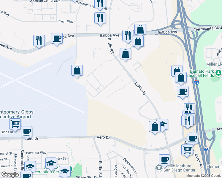 map of restaurants, bars, coffee shops, grocery stores, and more near 9250 Sky Park Court in San Diego