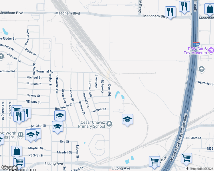 map of restaurants, bars, coffee shops, grocery stores, and more near 4017 Deen Road in Fort Worth