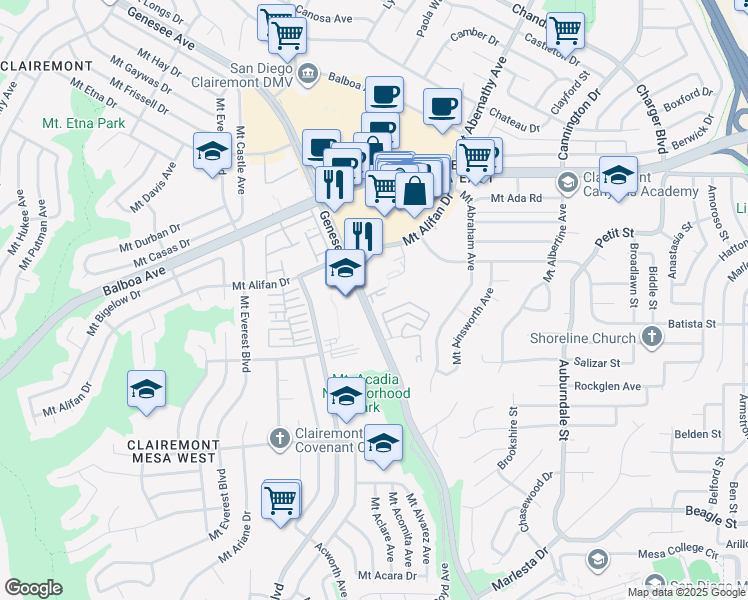 map of restaurants, bars, coffee shops, grocery stores, and more near 4186 Mount Alifan Drive in San Diego