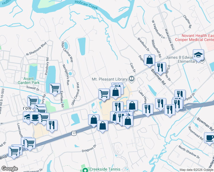 map of restaurants, bars, coffee shops, grocery stores, and more near 956 Mathis Ferry Road in Mount Pleasant