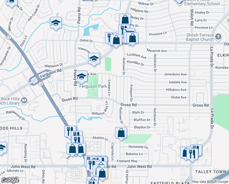 map of restaurants, bars, coffee shops, grocery stores, and more near 8912 Lindaro Lane in Dallas