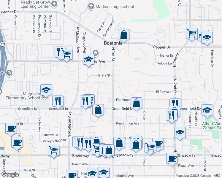 map of restaurants, bars, coffee shops, grocery stores, and more near 1435 North 1st Street in El Cajon