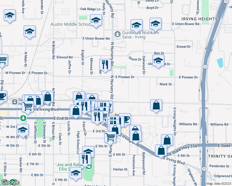 map of restaurants, bars, coffee shops, grocery stores, and more near 201 North Nursery Road in Irving