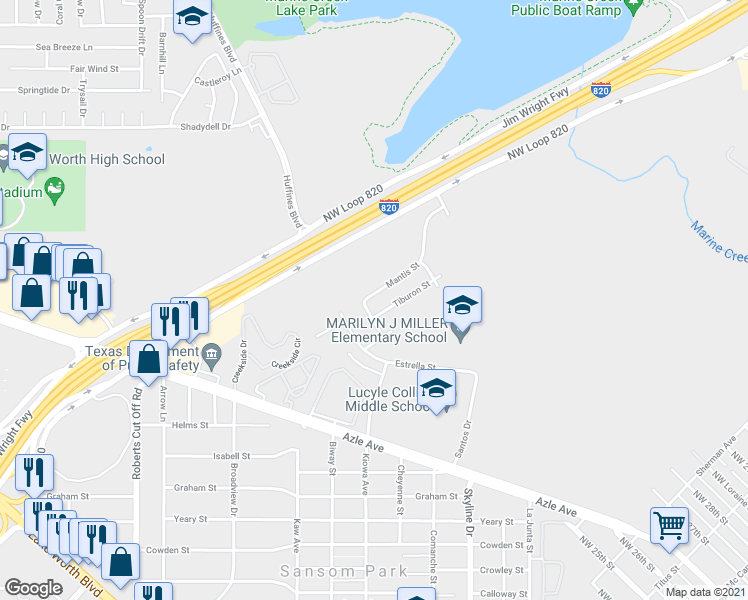 map of restaurants, bars, coffee shops, grocery stores, and more near 4000 Mantis Street in Fort Worth