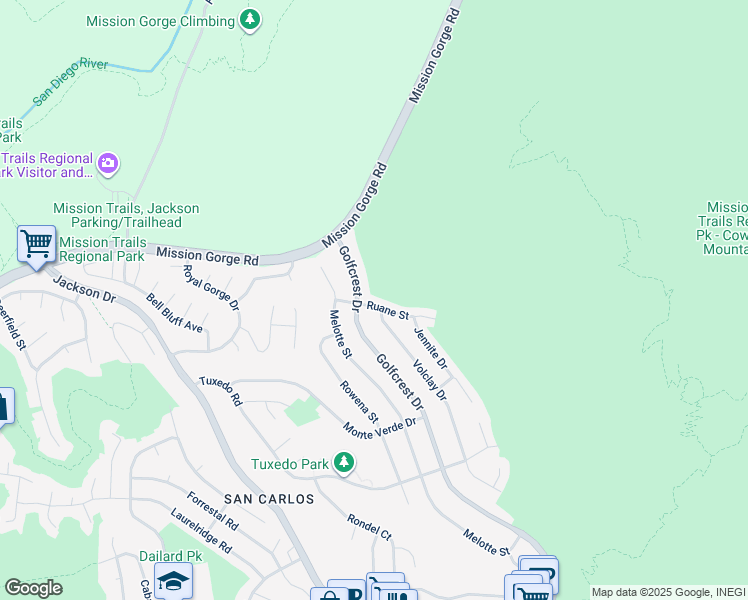 map of restaurants, bars, coffee shops, grocery stores, and more near 7104 Ruane Street in San Diego