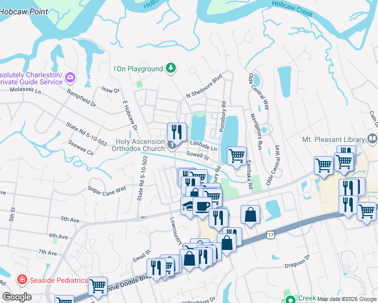 map of restaurants, bars, coffee shops, grocery stores, and more near 35 Sowell Street in Mount Pleasant
