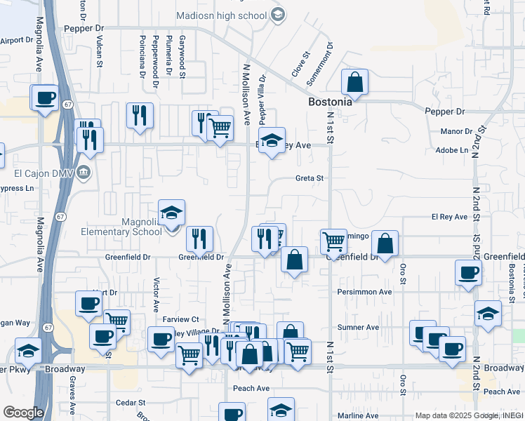 map of restaurants, bars, coffee shops, grocery stores, and more near 910 Buckeye Court in El Cajon