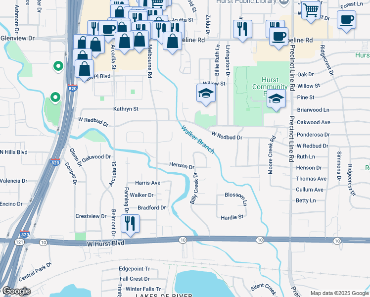 map of restaurants, bars, coffee shops, grocery stores, and more near 432 Billy Creek Circle in Hurst