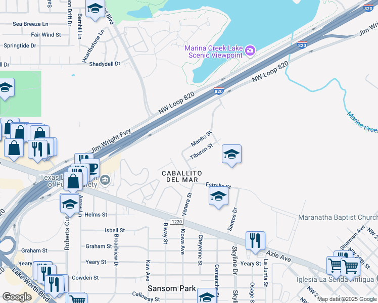 map of restaurants, bars, coffee shops, grocery stores, and more near 4025 Tiburon Street in Fort Worth