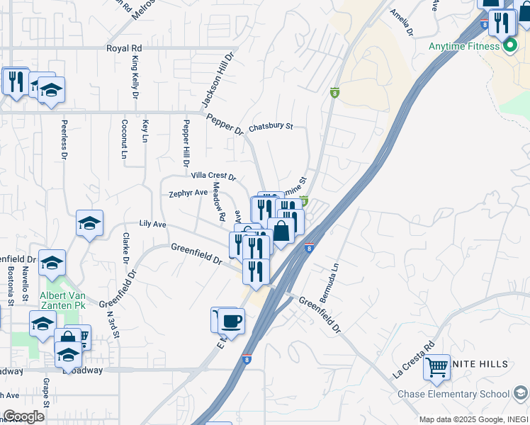 map of restaurants, bars, coffee shops, grocery stores, and more near 1717 Pepper Drive in El Cajon