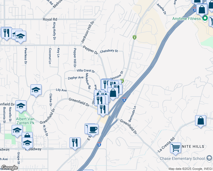 map of restaurants, bars, coffee shops, grocery stores, and more near 1717 Pepper Drive in El Cajon