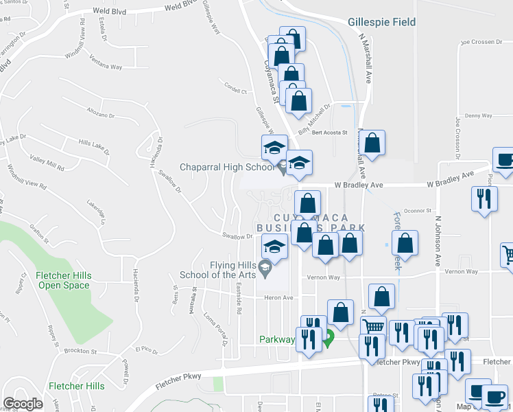 map of restaurants, bars, coffee shops, grocery stores, and more near 1446 Finch Street in El Cajon