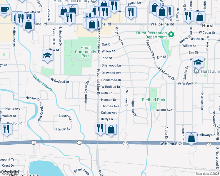 map of restaurants, bars, coffee shops, grocery stores, and more near 757 West Redbud Drive in Hurst