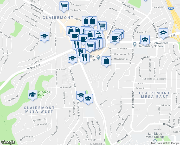 map of restaurants, bars, coffee shops, grocery stores, and more near 4182 Mount Alifan Drive in San Diego
