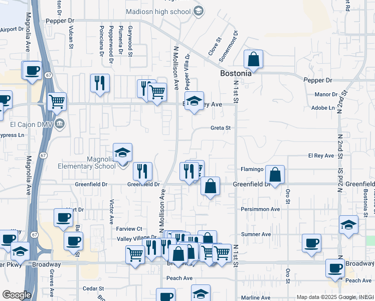 map of restaurants, bars, coffee shops, grocery stores, and more near 910 Buckeye Court in El Cajon