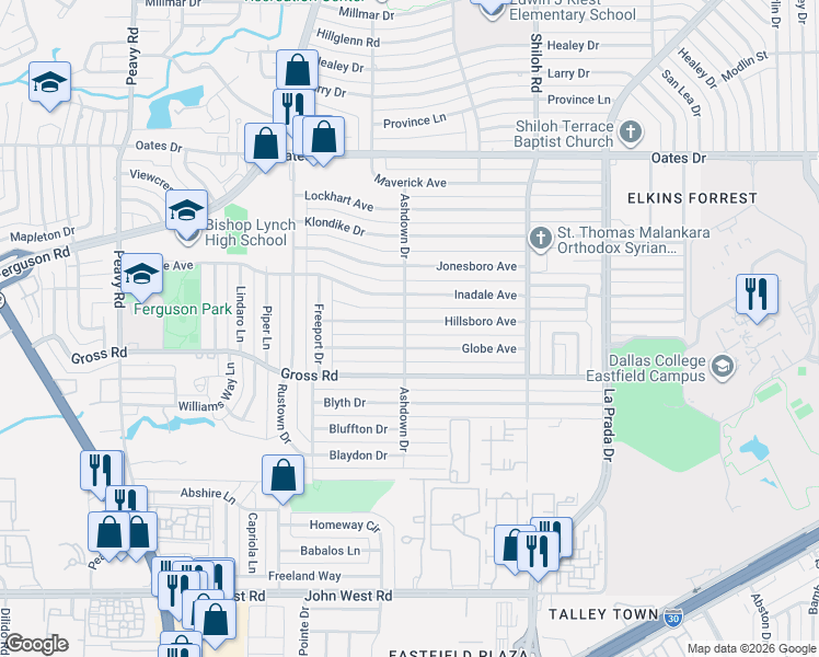 map of restaurants, bars, coffee shops, grocery stores, and more near 2435 Globe Avenue in Dallas