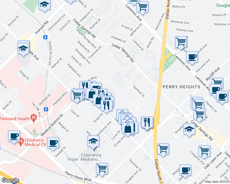 map of restaurants, bars, coffee shops, grocery stores, and more near 4712 Denton Drive in Dallas