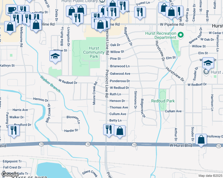 map of restaurants, bars, coffee shops, grocery stores, and more near 777 West Redbud Drive in Hurst
