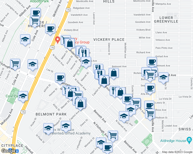 map of restaurants, bars, coffee shops, grocery stores, and more near 5243 Belmont Avenue in Dallas