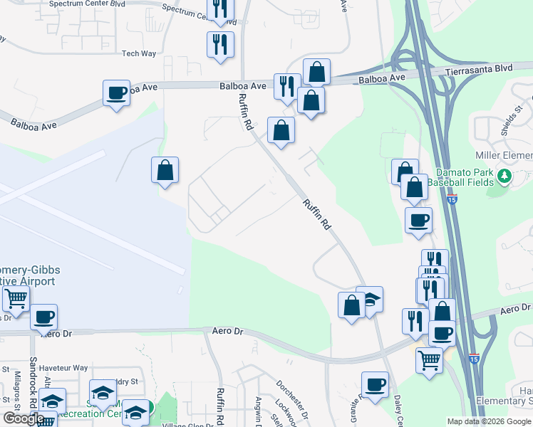 map of restaurants, bars, coffee shops, grocery stores, and more near 9280 Sky Park Court in San Diego