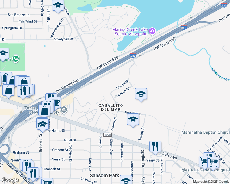 map of restaurants, bars, coffee shops, grocery stores, and more near 4004 Mantis Street in Fort Worth