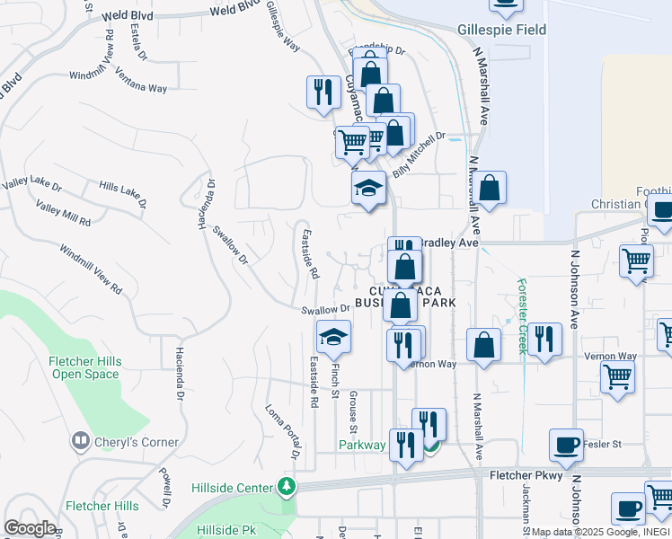 map of restaurants, bars, coffee shops, grocery stores, and more near 1450 Swift Lane in El Cajon