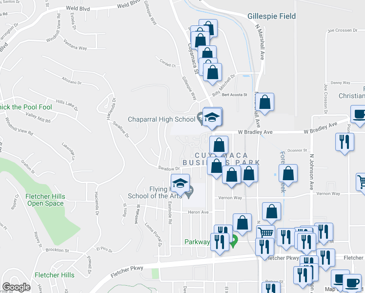 map of restaurants, bars, coffee shops, grocery stores, and more near 1462 Robin Lane in El Cajon
