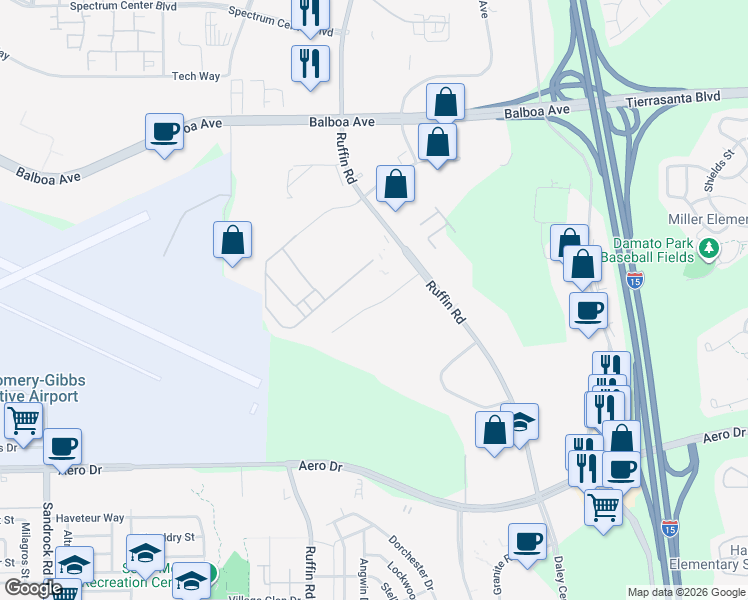 map of restaurants, bars, coffee shops, grocery stores, and more near 9275 Sky Park Court in San Diego