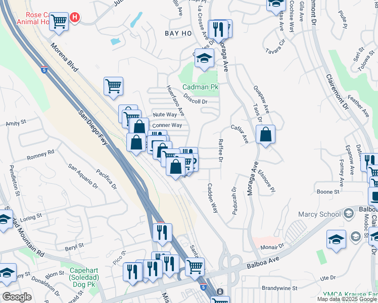 map of restaurants, bars, coffee shops, grocery stores, and more near 3204 North Star Drive in San Diego