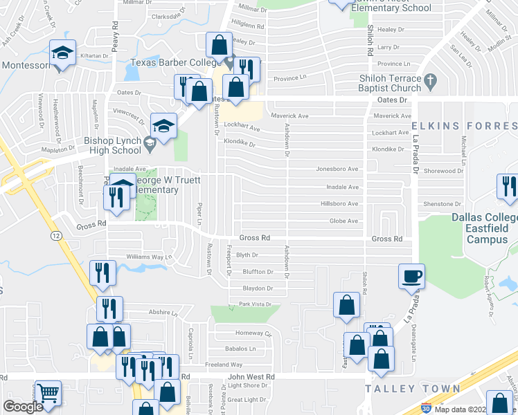 map of restaurants, bars, coffee shops, grocery stores, and more near 2339 Globe Avenue in Dallas