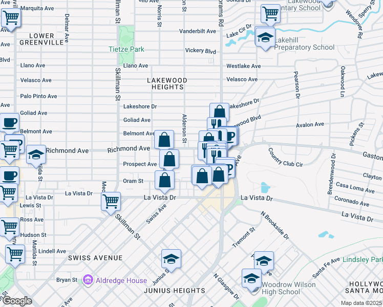 map of restaurants, bars, coffee shops, grocery stores, and more near 6270 Richmond Avenue in Dallas