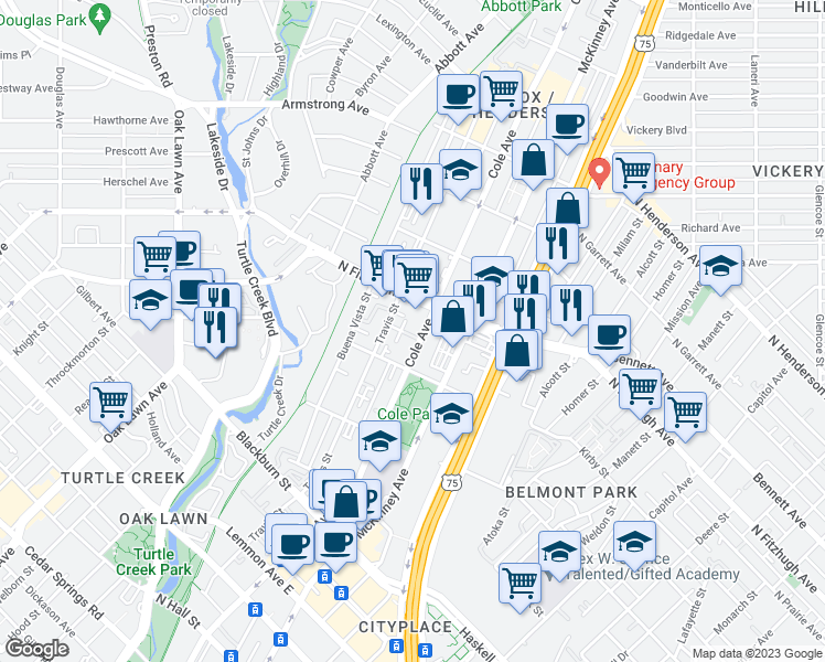 map of restaurants, bars, coffee shops, grocery stores, and more near 4111 Cole Avenue in Dallas