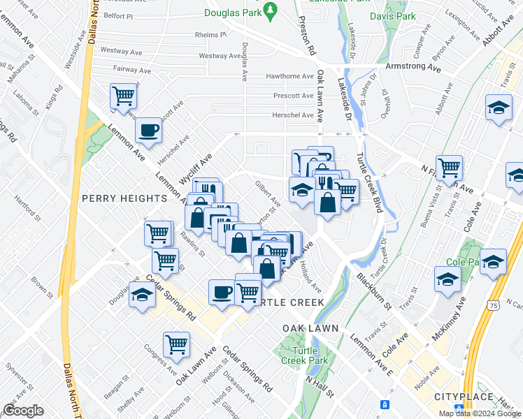 map of restaurants, bars, coffee shops, grocery stores, and more near 3717 Throckmorton Street in Dallas
