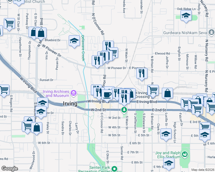map of restaurants, bars, coffee shops, grocery stores, and more near 251 North O'Connor Road in Irving