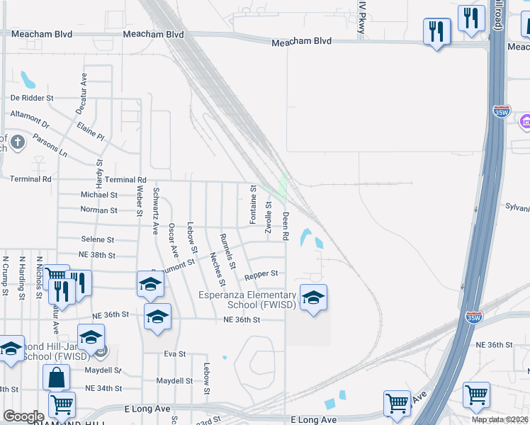 map of restaurants, bars, coffee shops, grocery stores, and more near 4008 Fontaine Street in Fort Worth