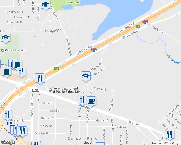 map of restaurants, bars, coffee shops, grocery stores, and more near 4025 Tiburon Street in Fort Worth