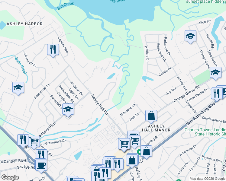 map of restaurants, bars, coffee shops, grocery stores, and more near 1533 South Pinebark Lane in Charleston
