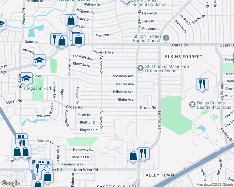 map of restaurants, bars, coffee shops, grocery stores, and more near 2550 Hillsboro Avenue in Dallas