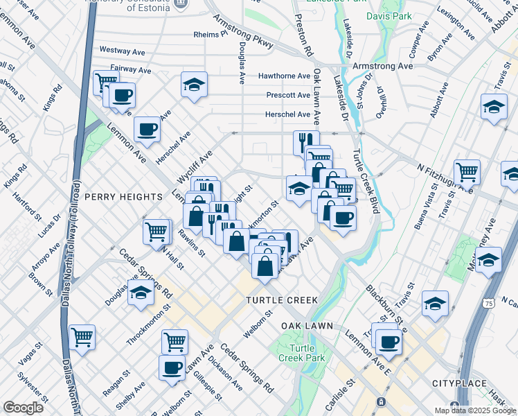 map of restaurants, bars, coffee shops, grocery stores, and more near 3717 Throckmorton Street in Dallas