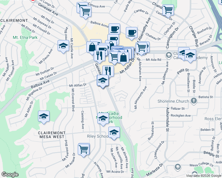 map of restaurants, bars, coffee shops, grocery stores, and more near 4186 Mount Alifan Drive in San Diego